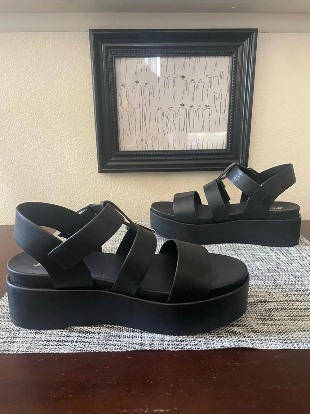 Soda Black Triple-Strap Buckle Slingback Sandals